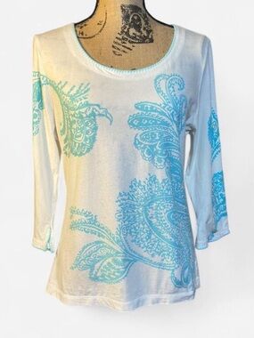 Harold's White Aqua Paisley Stretch Cotton 3/4 Sleeve Top Size L Classic Resort